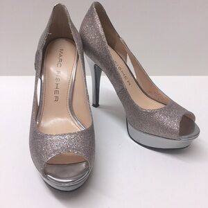 Marc Fisher Silver Platform Peep Toe Pumps Shoes Heels Multi Color Glitter Sz 6